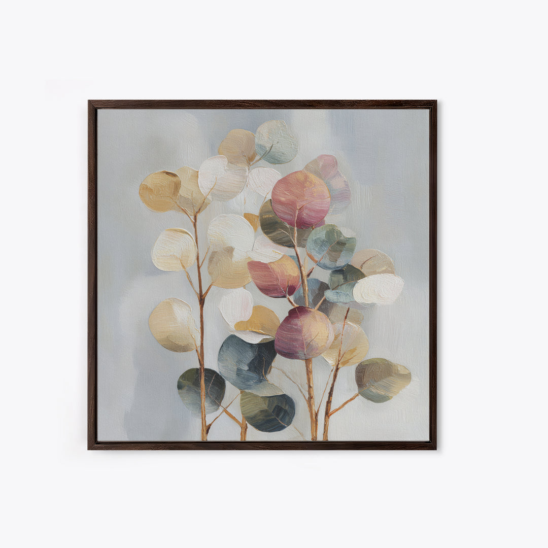 Soft Eucalyptus Branches Arranged Symmetrically Framed Canvas Print, Above Bed Art, Home Decor, Bedroom Decor, Serenity, ABA-1x1-78