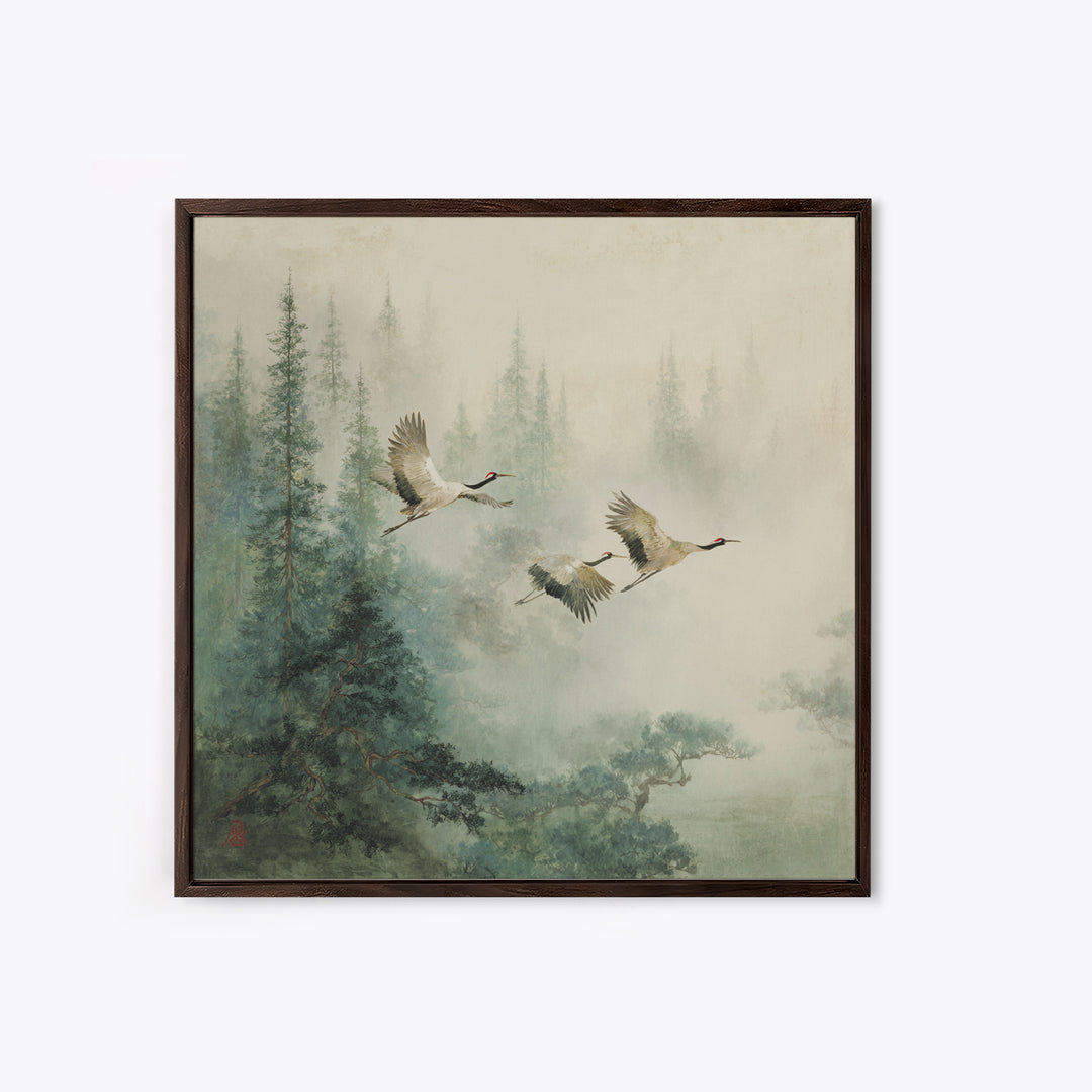 Ethereal Cranes Flying Through Pale Morning Mist Canvas Print, Above Bed Art, Textured Painting, Bedroom Decor, Serenity, ABA-1x1-81