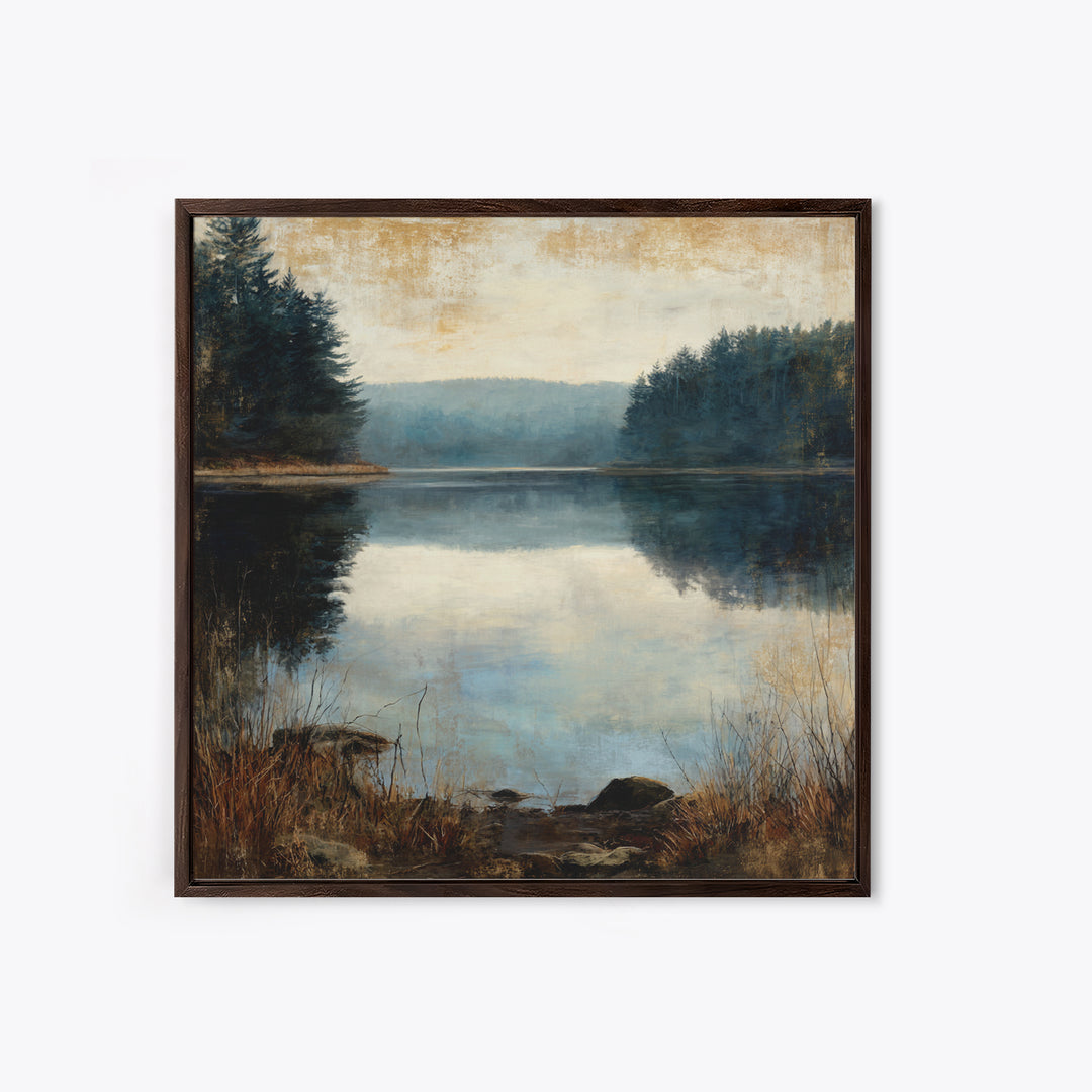 Calming Lake Reflection Framed Canvas Print, Above Bed Art, Fine Art Print, Bedroom Decor, Oil Painting, Serenity, Digital Art, ABA-1x1-83