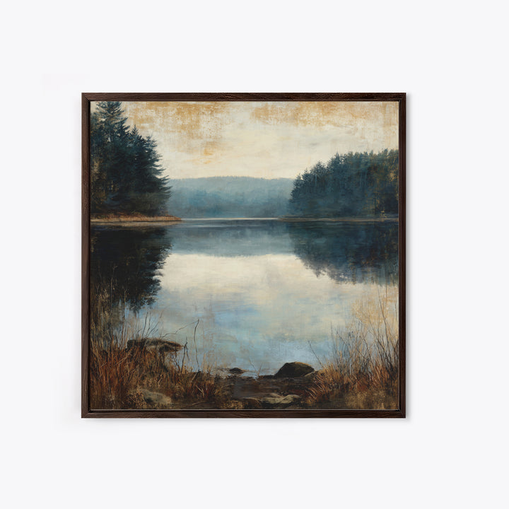 Calming Lake Reflection Framed Canvas Print, Above Bed Art, Fine Art Print, Bedroom Decor, Oil Painting, Serenity, Digital Art, ABA-1x1-83