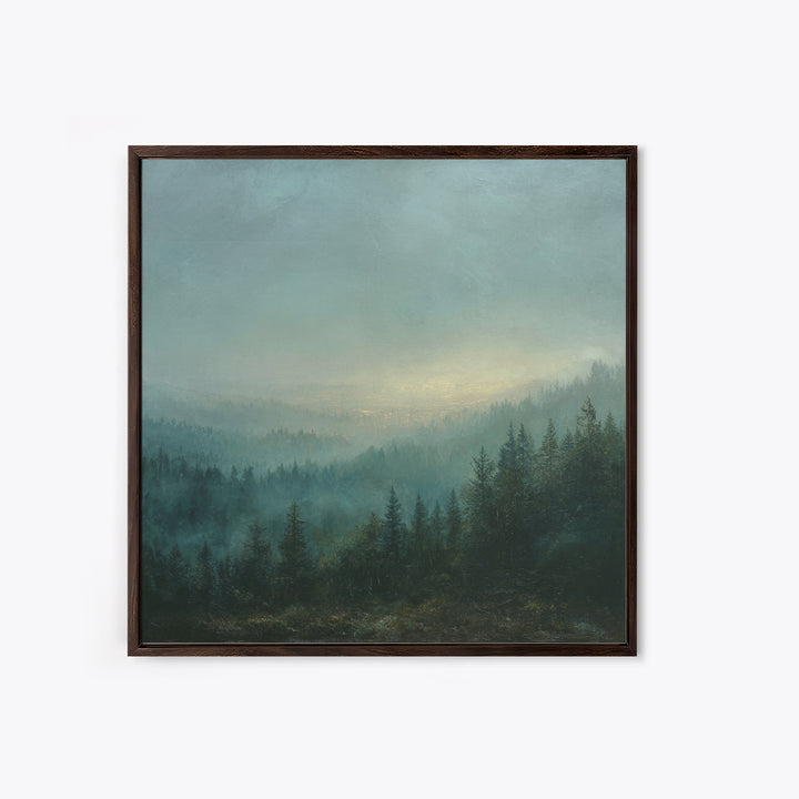 Quiet Forest Ridge Softened by Fog Canvas Print, Above Bed Art, Neutral Decor, Bedroom Decor, Oil Painting, Serenity, ABA-1x1-86