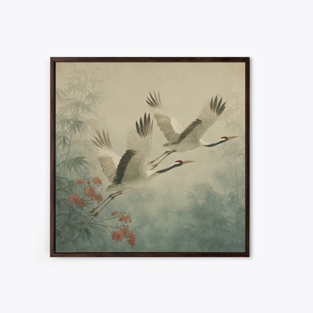 Ethereal Cranes Flying Through Pale Morning Mist Canvas Print, Above Bed Art, Bedroom Wall Decor, Bedroom Decor, Serenity, ABA-1x1-9