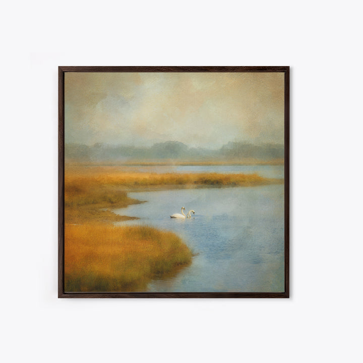 Paired Swans in a Dreamy Painterly Lake Canvas Print, Above Bed Art, Bedroom Wall Decor, Bedroom Decor, Fine Art, Serenity, ABA-1x1-94