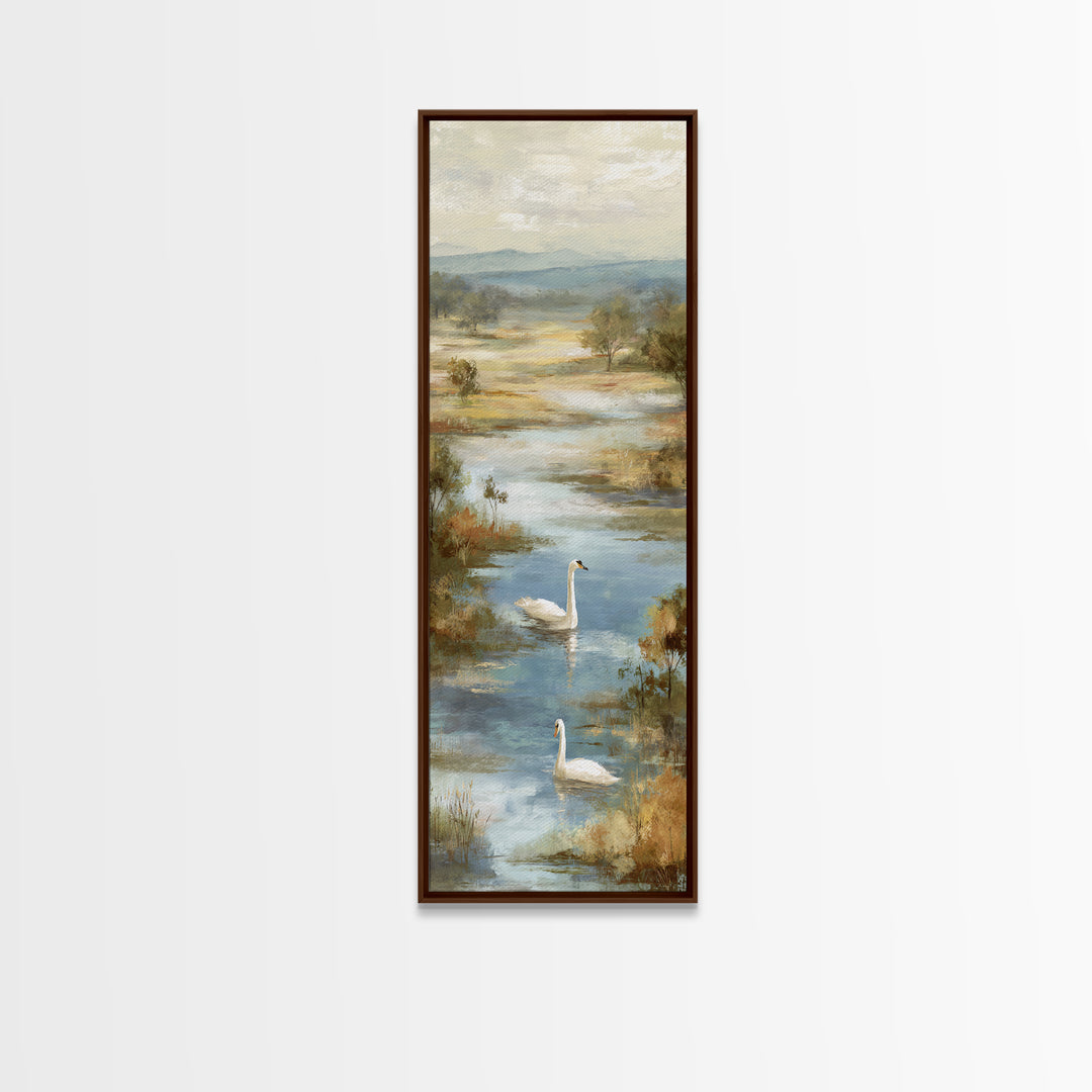 Paired Swans in a Dreamy Painterly Lake Canvas Print, Above Bed Art, Dopamine Decor, Bedroom Decor, Fine Art, Serenity, ABA-1x3-10