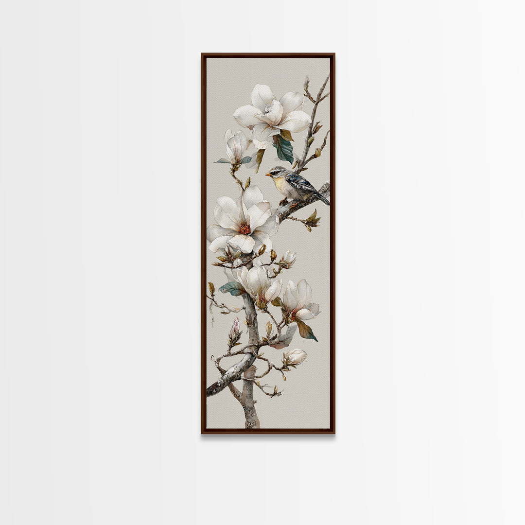 Delicate Magnolia Branch on Cream Background Framed Canvas Print, Above Bed Art, Modern Decor, Bedroom Decor, Oil Painting, ABA-1x3-4