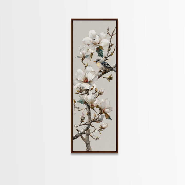 Delicate Magnolia Branch on Cream Background Framed Canvas Print, Above Bed Art, Modern Decor, Bedroom Decor, Oil Painting, ABA-1x3-4