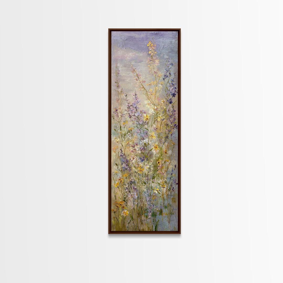 Wide Meadow of Muted Wildflowers at Dusk Framed Canvas Print, Above Bed Art, 3 Piece Wall Art, Bedroom Decor, Watercolor Art, ABA-1x3-46
