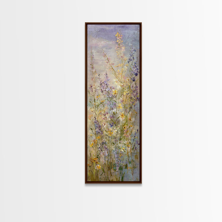 Wide Meadow of Muted Wildflowers at Dusk Framed Canvas Print, Above Bed Art, 3 Piece Wall Art, Bedroom Decor, Watercolor Art, ABA-1x3-46