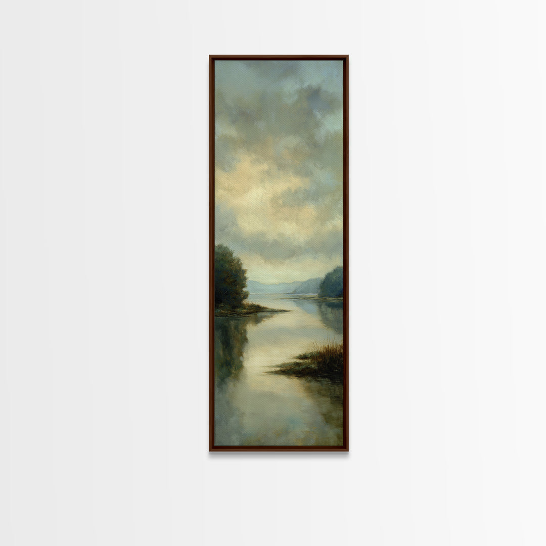 Calming Lake Reflection Framed Canvas Print, Above Bed Art, Original Art, Bedroom Decor, Serenity, Sage Green Wall Art, ABA-1x3-47