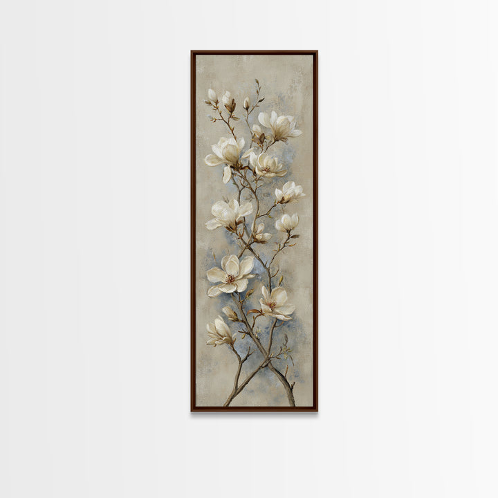 Delicate Magnolia Branch on Cream Background Framed Canvas Print, Above Bed Art, Bedroom Decor, Watercolor Art, Serenity, ABA-1x3-52