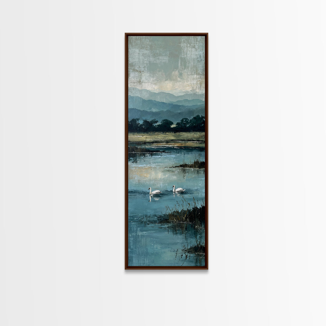 Paired Swans in a Dreamy Painterly Lake Canvas Print, Above Bed Art, Living Room Wall Art, Bedroom Decor, Serenity, Wall Decor, ABA-1x3-58