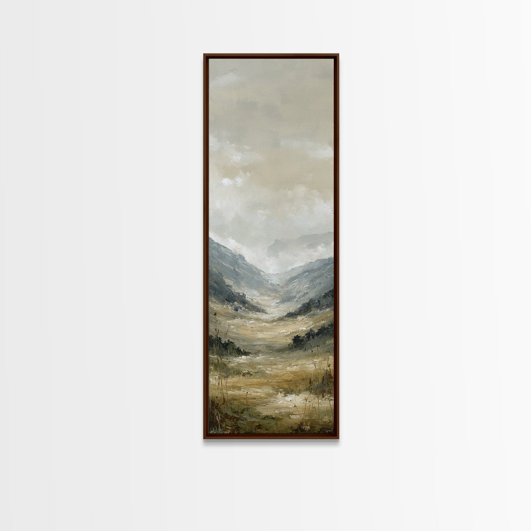 Panoramic Misty Mountain Landscape Framed Canvas Print, Above Bed Art, Textured Painting, Bedroom Decor, Fine Art, Serenity, ABA-1x3-61