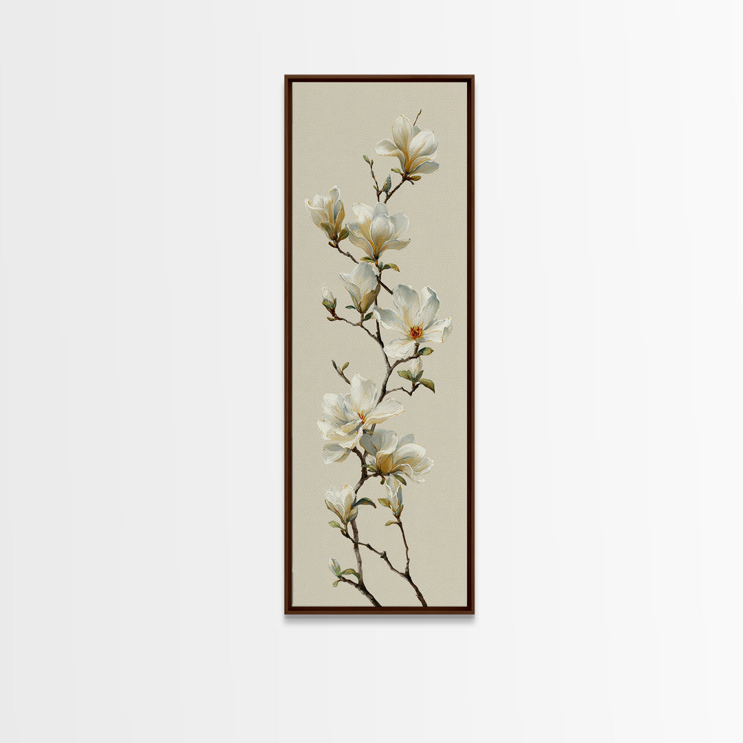 Delicate Magnolia Branch on Cream Background Framed Canvas Print, Above Bed Art, Digital Print, Bedroom Decor, Serenity, ABA-1x3-76