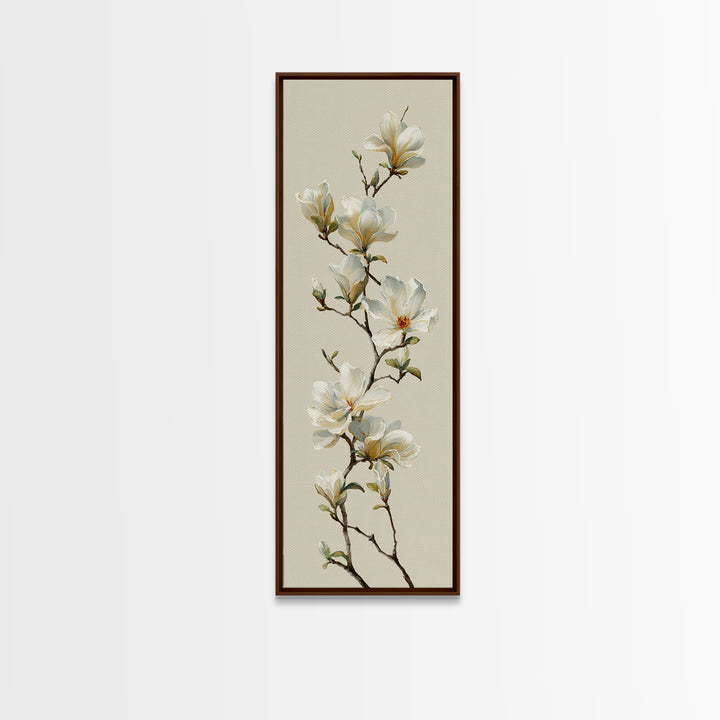 Delicate Magnolia Branch on Cream Background Framed Canvas Print, Above Bed Art, Digital Print, Bedroom Decor, Serenity, ABA-1x3-76