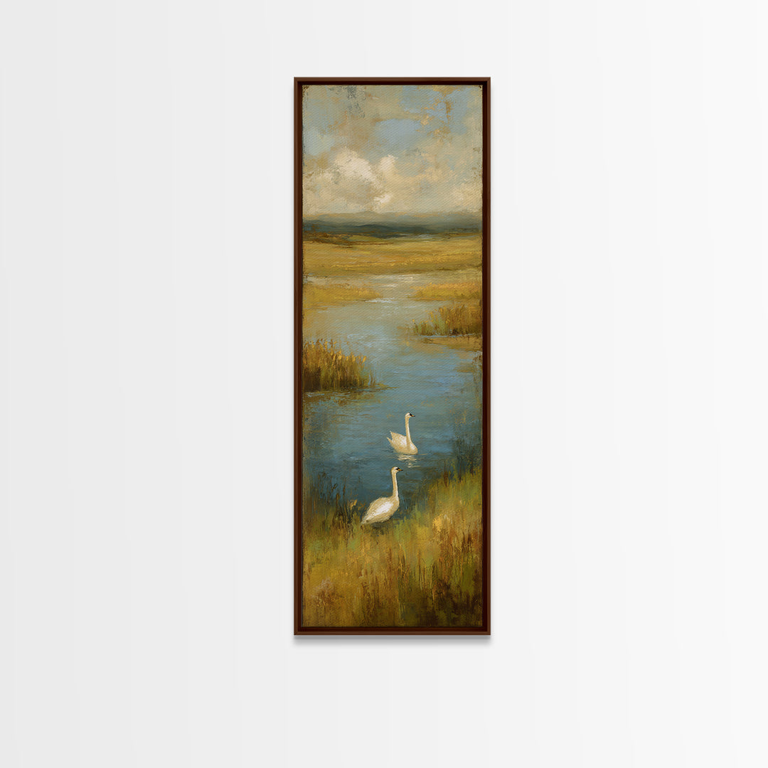 Paired Swans in a Dreamy Painterly Lake Canvas Print, Above Bed Art, Home Decor, Bedroom Decor, Fine Art, Serenity, ABA-1x3-82