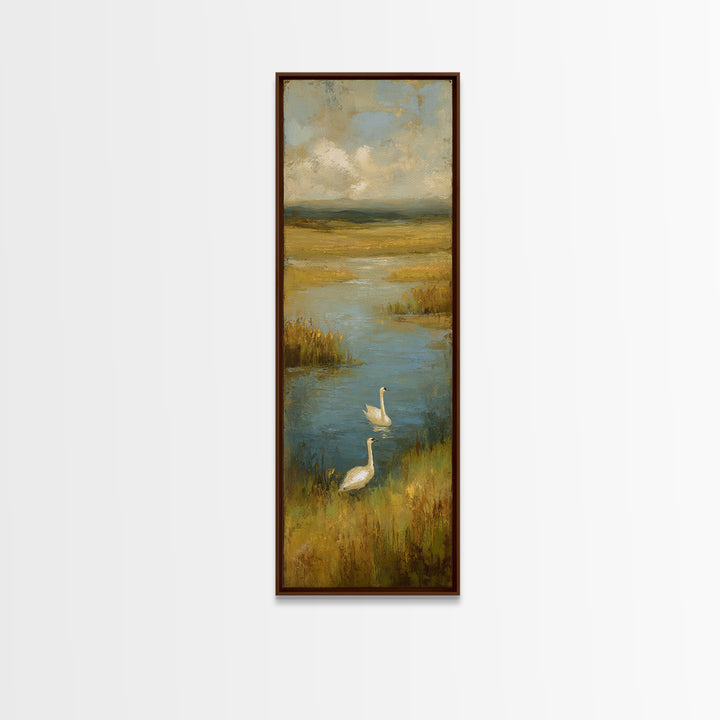 Paired Swans in a Dreamy Painterly Lake Canvas Print, Above Bed Art, Home Decor, Bedroom Decor, Fine Art, Serenity, ABA-1x3-82