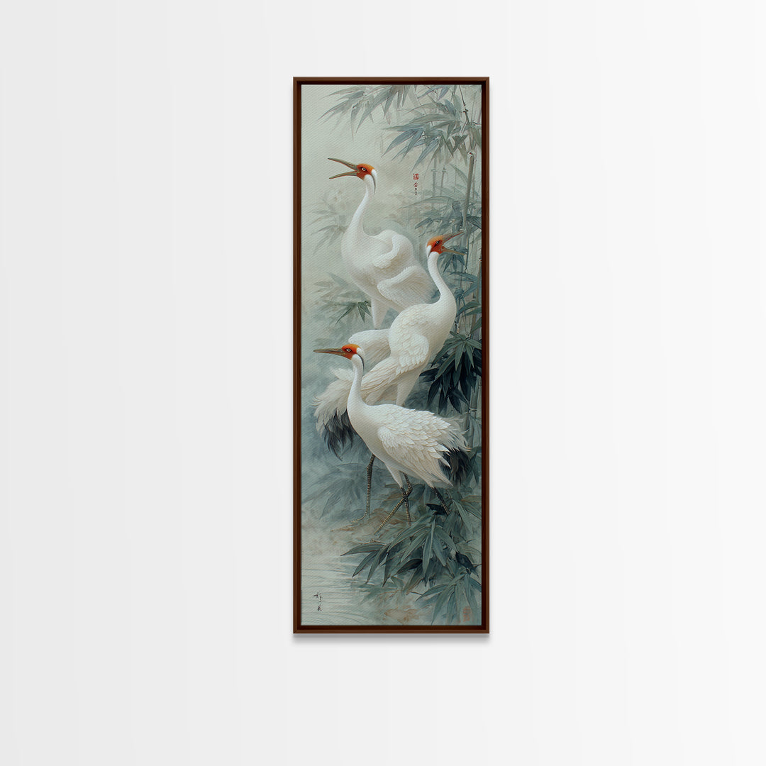 Ethereal Cranes Flying Through Pale Morning Mist Canvas Print, Above Bed Art, Minimalist Decor, Bedroom Decor, Serenity, ABA-1x3-93