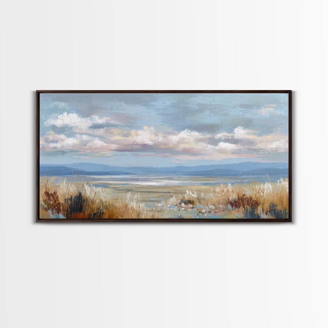 Tranquil Cloudscape with Blush Undertones Framed Canvas Print, Above Bed Art, Wall Decor, Bedroom Decor, Fine Art, Serenity, ABA-2x1-1