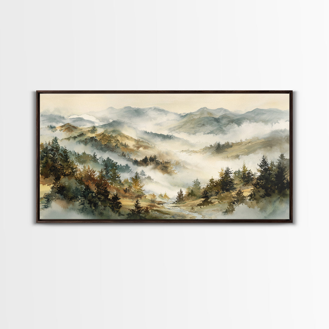 Quiet Forest Ridge Softened by Fog Framed Canvas Print, Above Bed Art, Art Print, Bedroom Decor, Fine Art, Serenity, Dorm Decor, ABA-2x1-10