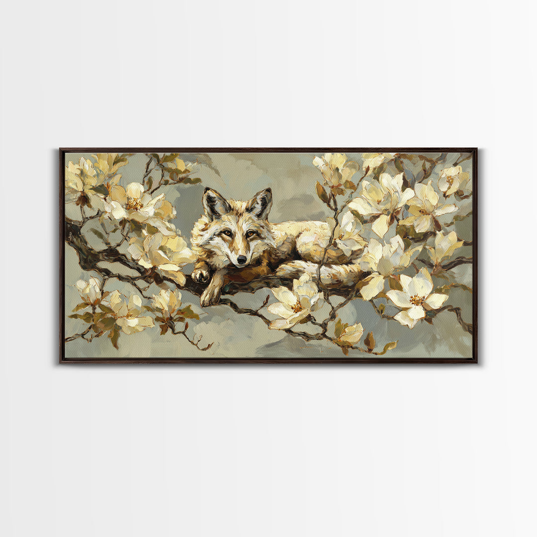 Delicate Magnolia Branch on Cream Background Framed Canvas Print, Above Bed Art, Bedroom Decor, Watercolor Art, Serenity, ABA-2x1-12