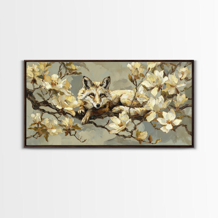 Delicate Magnolia Branch on Cream Background Framed Canvas Print, Above Bed Art, Bedroom Decor, Watercolor Art, Serenity, ABA-2x1-12