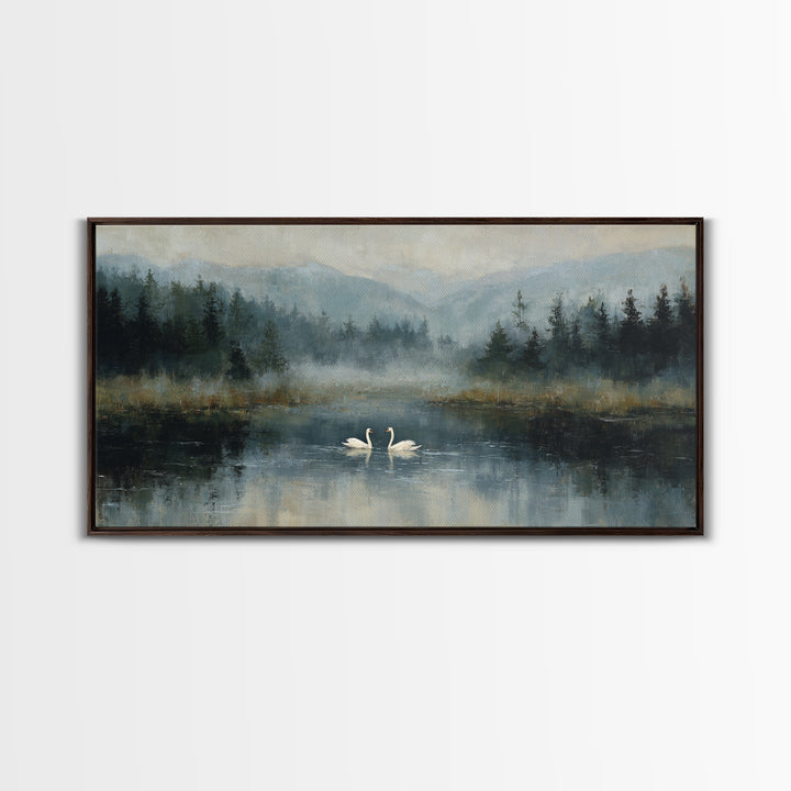 Paired Swans in a Dreamy Painterly Lake Framed Canvas Print, Above Bed Art, Fine Art Print, Bedroom Decor, Fine Art, Serenity, ABA-2x1-18