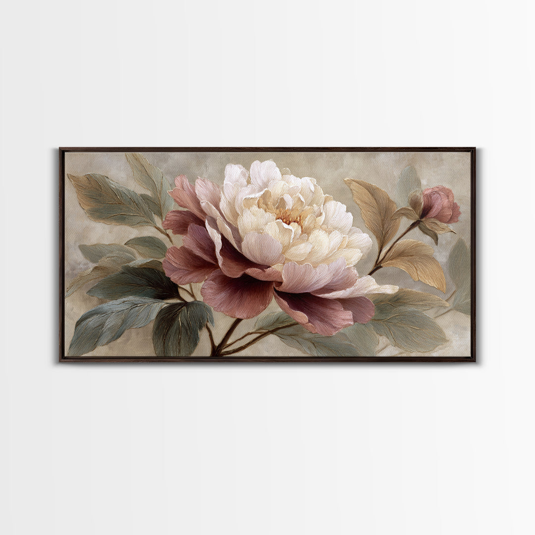 Romantic Oversized Peony Bloom on Warm Linen Canvas Print, Above Bed Art, Statement Artwork, Bedroom Decor, Abstract Art, ABA-2x1-22