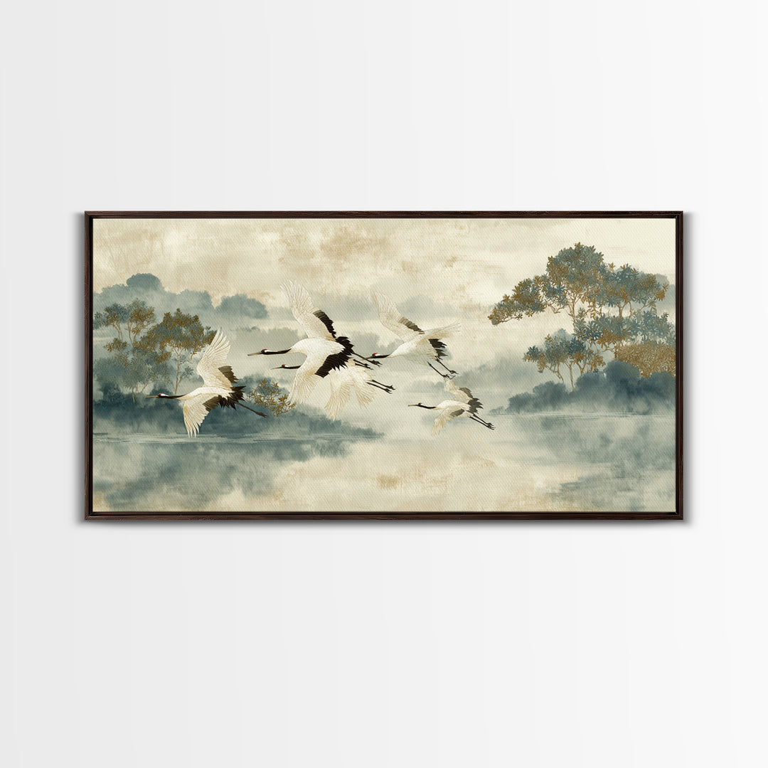 Ethereal Cranes Flying Through Pale Morning Mist Canvas Print, Above Bed Art, Digital Prints, Bedroom Decor, Serenity, ABA-2x1-29