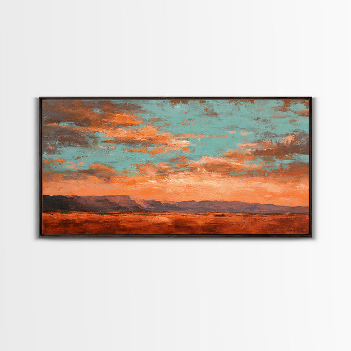 Dreamy Desert Sunset Framed Canvas Print, Above Bed Art, Bedroom Decor, Oil Painting, Serenity, Boho Decor, Western Decor, ABA-2x1-3