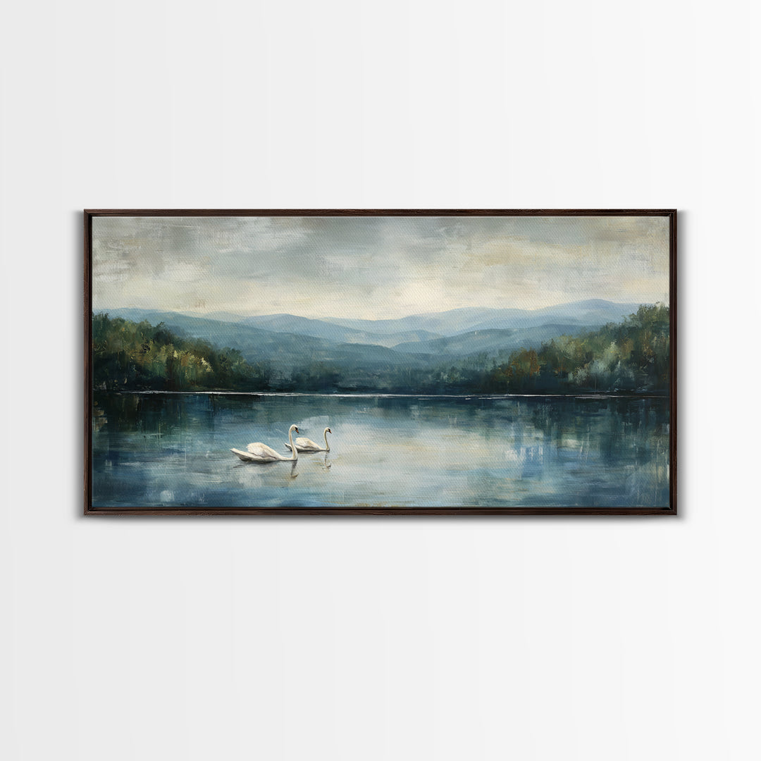 Paired Swans in a Dreamy Painterly Lake Framed Canvas Print, Above Bed Art, Fine Art Print, Bedroom Decor, Fine Art, Serenity, ABA-2x1-42