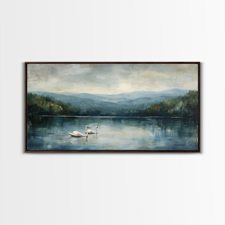 Paired Swans in a Dreamy Painterly Lake Framed Canvas Print, Above Bed Art, Fine Art Print, Bedroom Decor, Fine Art, Serenity, ABA-2x1-42