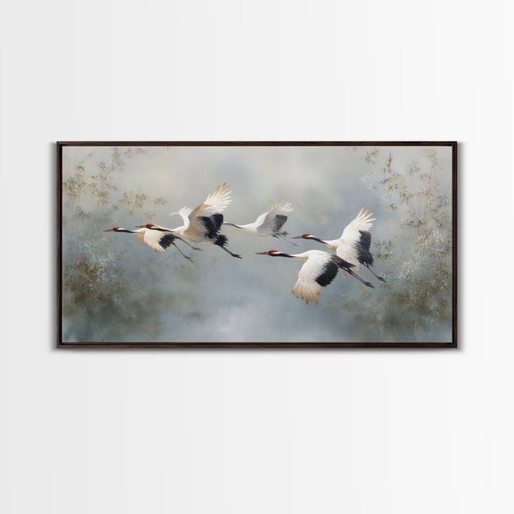 Ethereal Cranes Flying Through Pale Morning Mist Canvas Print, Above Bed Art, Digital Prints, Bedroom Decor, Serenity, ABA-2x1-5