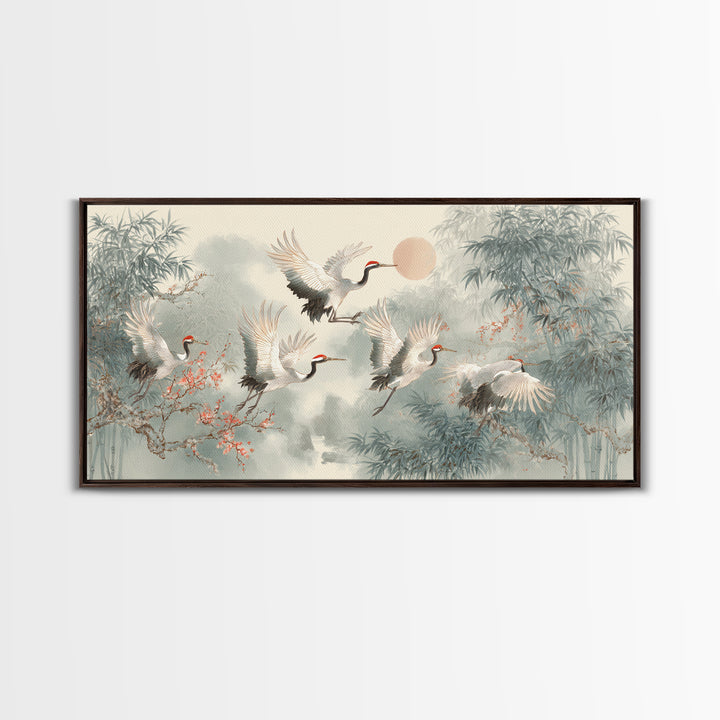 Ethereal Cranes Flying Through Pale Morning Mist Canvas Print, Above Bed Art, Bedroom Decor, Oil Painting, Serenity, ABA-2x1-53