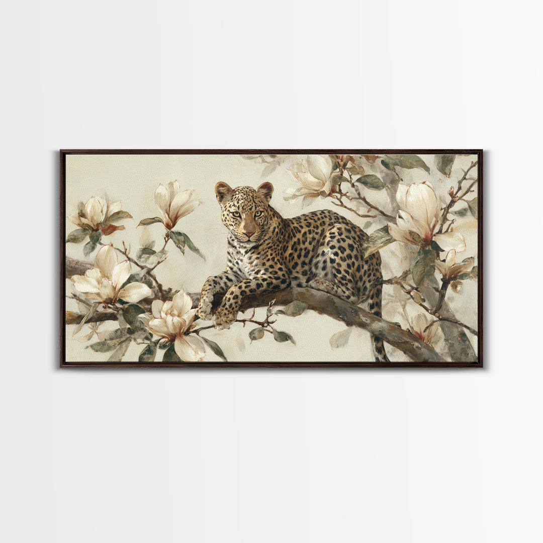 Delicate Magnolia Branch on Cream Background Framed Canvas Print, Above Bed Art, Mid Century Modern, Bedroom Decor, Serenity, ABA-2x1-60