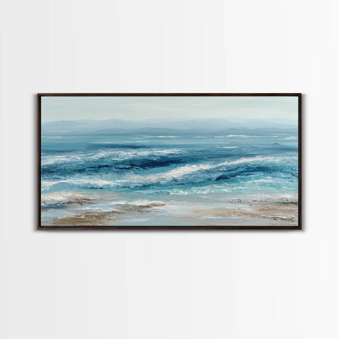 Serene Ocean Tide Seen from Above Framed Canvas Print, Above Bed Art, Wall Art Prints, Bedroom Decor, Fine Art, Serenity, ABA-2x1-65