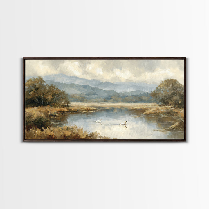 Paired Swans in a Dreamy Painterly Lake Canvas Print, Above Bed Art, Textured Painting, Bedroom Decor, Watercolor Art, Serenity, ABA-2x1-66