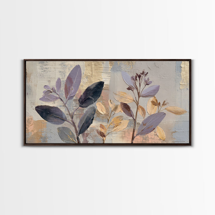 Tonal Botanical Shadows on Plaster Surface Framed Canvas Print, Above Bed Art, 3 Piece Wall Art, Bedroom Decor, Serenity, ABA-2x1-67