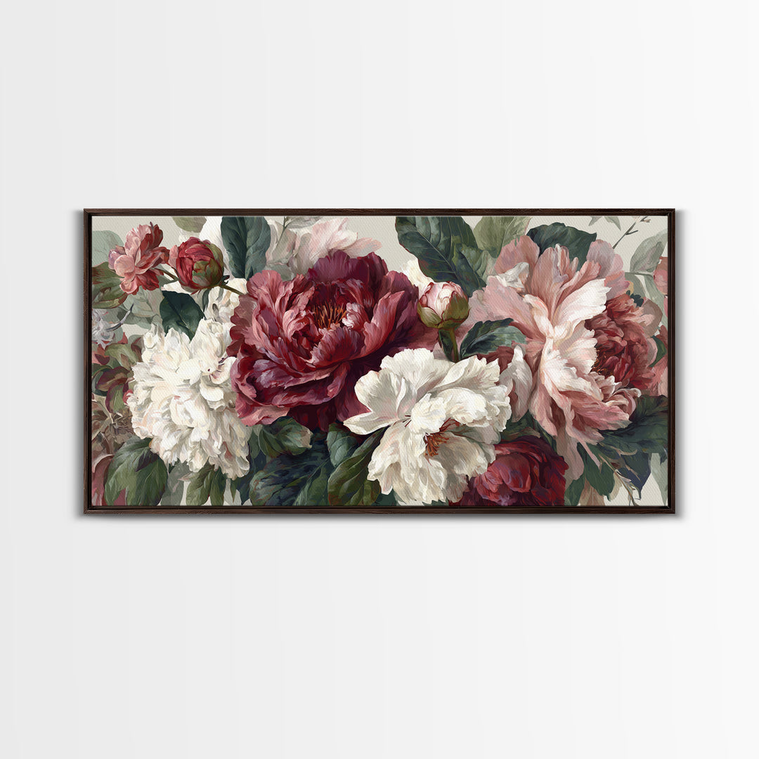 Romantic Oversized Peony Bloom on Warm Linen Canvas Print, Above Bed Art, Digital Art, Bedroom Decor, Fine Art, Serenity, ABA-2x1-70