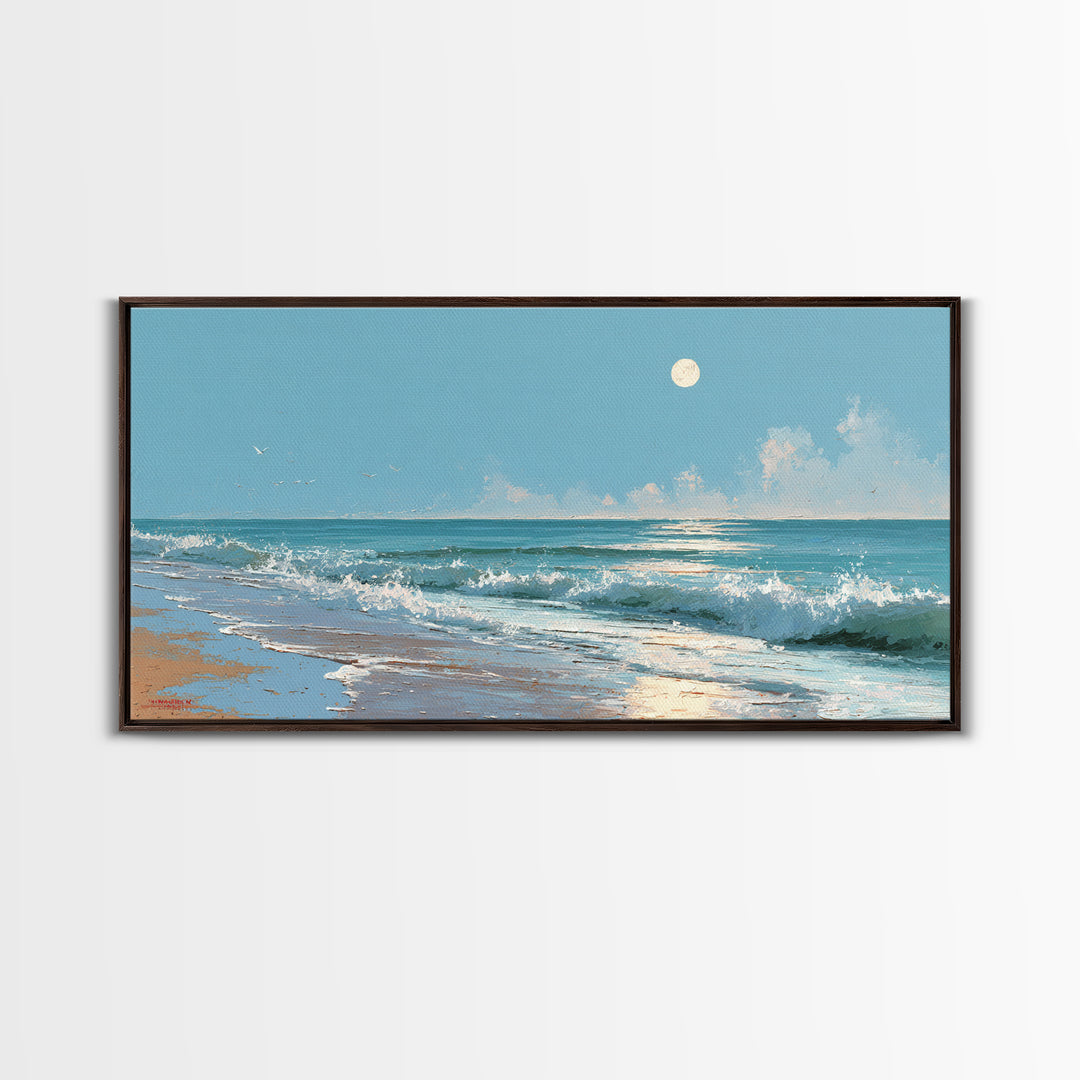 Quiet Moon over a Calm Ocean Horizon Canvas Print, Above Bed Art, Boho Decor, Bedroom Decor, Serenity, Statement Artwork, ABA-2x1-71