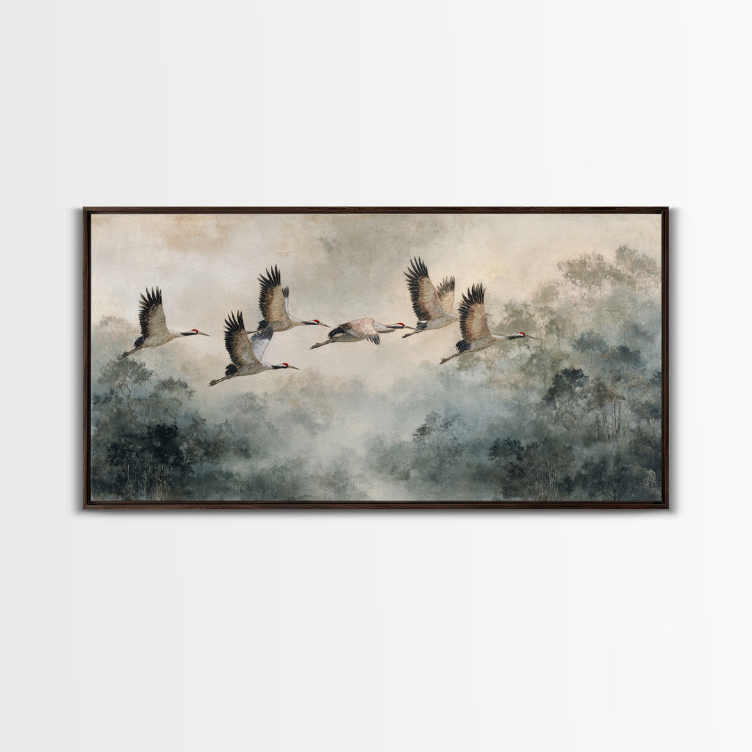 Ethereal Cranes Flying Through Pale Morning Mist Canvas Print, Above Bed Art, Bedroom Decor, Oil Painting, Serenity, ABA-2x1-77
