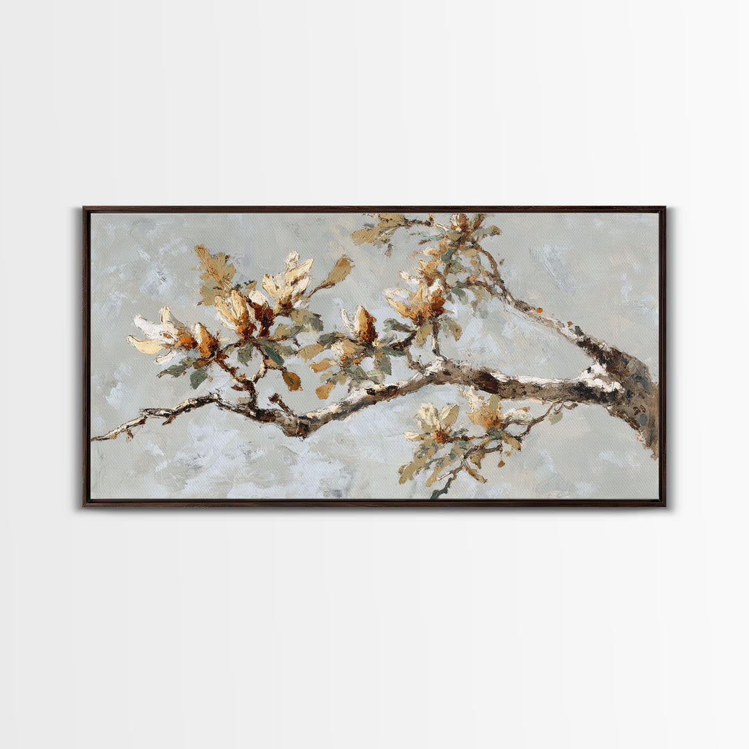 Delicate Magnolia Branch on Cream Background Framed Canvas Print, Above Bed Art, Boho Wall Art, Bedroom Decor, Watercolor Art, ABA-2x1-84