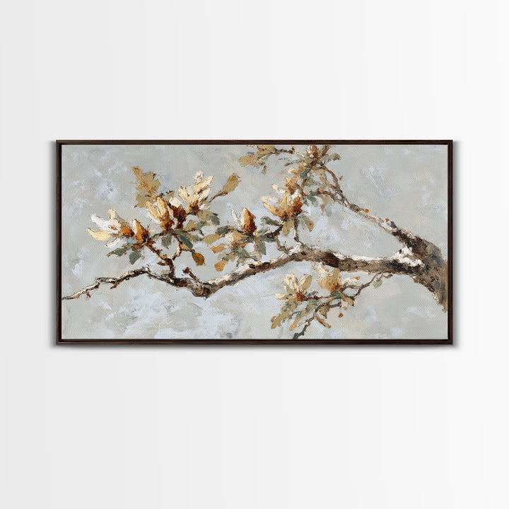 Delicate Magnolia Branch on Cream Background Framed Canvas Print, Above Bed Art, Boho Wall Art, Bedroom Decor, Watercolor Art, ABA-2x1-84