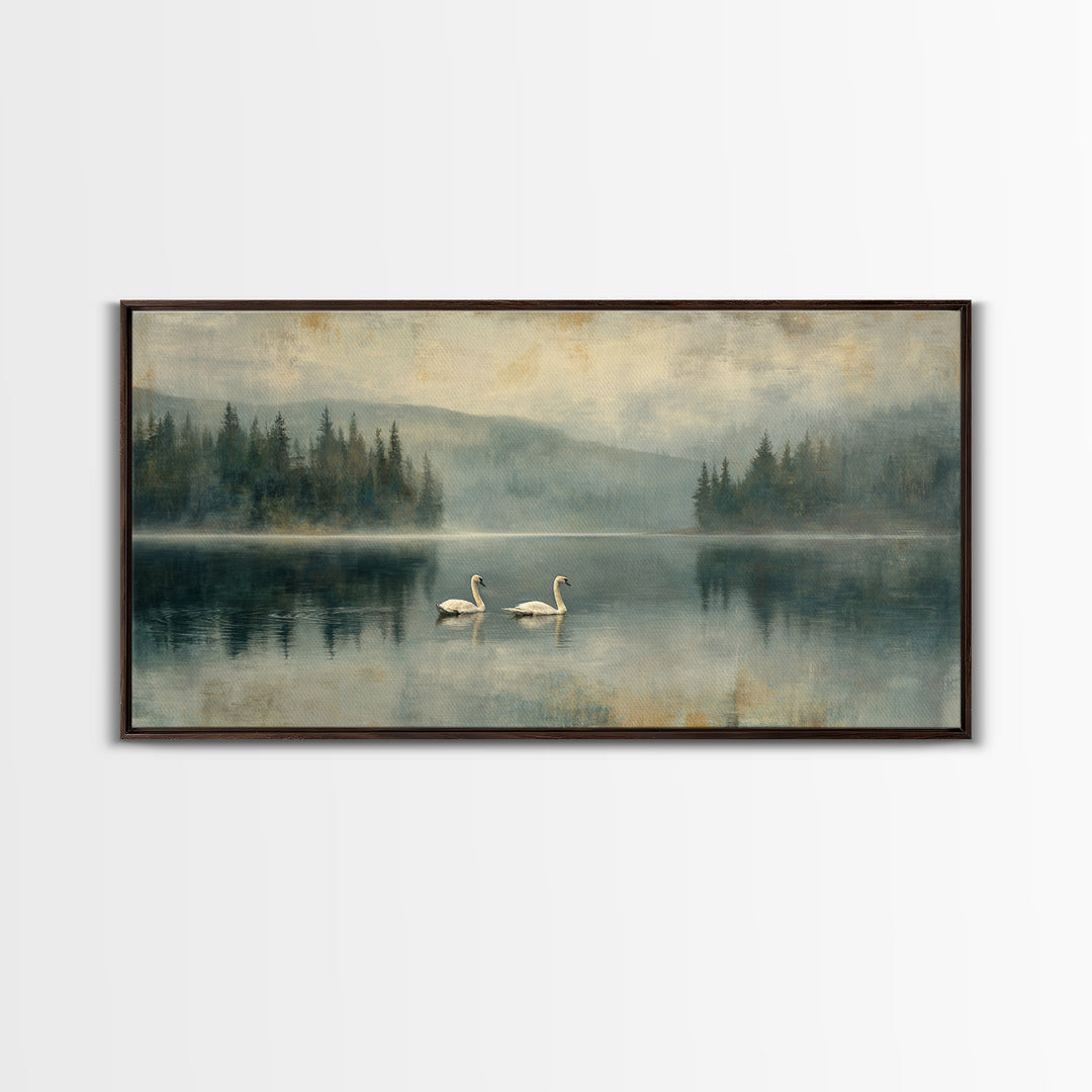 Paired Swans in a Dreamy Painterly Lake Framed Canvas Print, Above Bed Art, Digital Prints, Bedroom Decor, Fine Art, Serenity, ABA-2x1-90