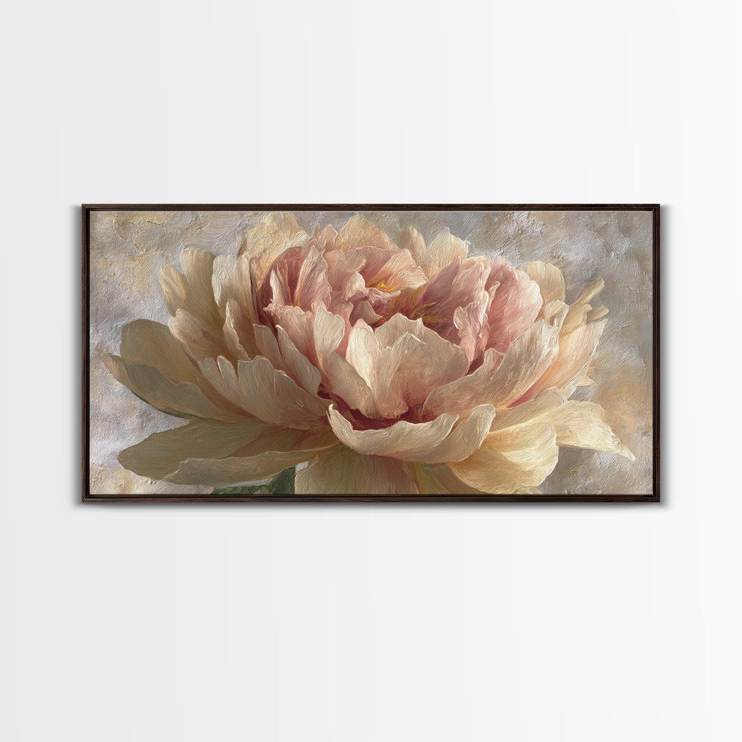 Romantic Oversized Peony Bloom on Warm Linen Canvas Print, Above Bed Art, Digital Art, Bedroom Decor, Fine Art, Serenity, ABA-2x1-94