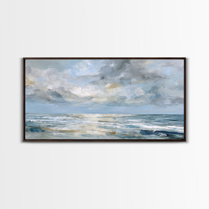 Quiet Moon over a Calm Ocean Horizon Framed Canvas Print, Above Bed Art, Bedroom Wall Decor, Bedroom Decor, Oil Painting, ABA-2x1-95
