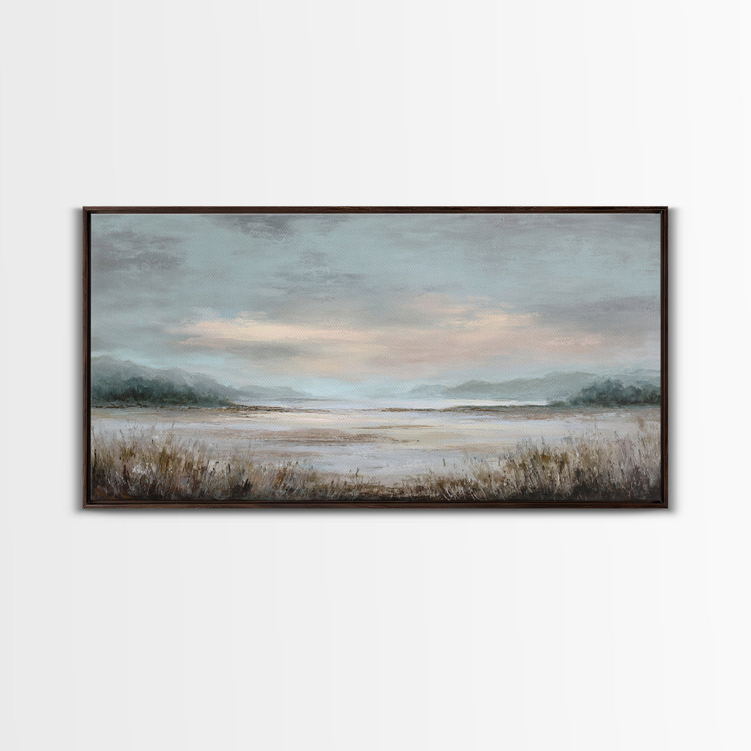 Tranquil Cloudscape with Blush Undertones Framed Canvas Print, Above Bed Art, Digital Print, Bedroom Decor, Fine Art, Serenity, ABA-2x1-97