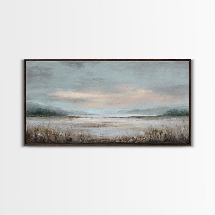 Tranquil Cloudscape with Blush Undertones Framed Canvas Print, Above Bed Art, Digital Print, Bedroom Decor, Fine Art, Serenity, ABA-2x1-97