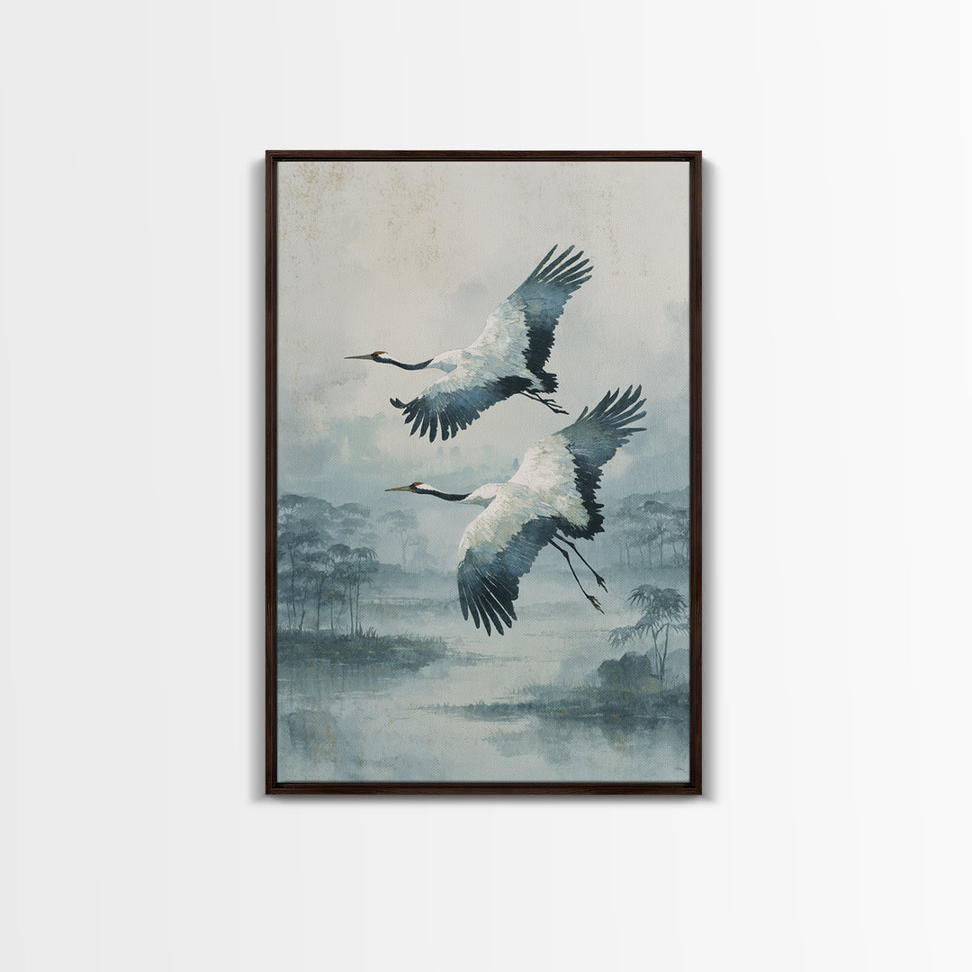 Ethereal Cranes Flying Through Pale Morning Mist Canvas Print, Above Bed Art, Printable Wall Art, Bedroom Decor, Serenity, ABA-2x3-17
