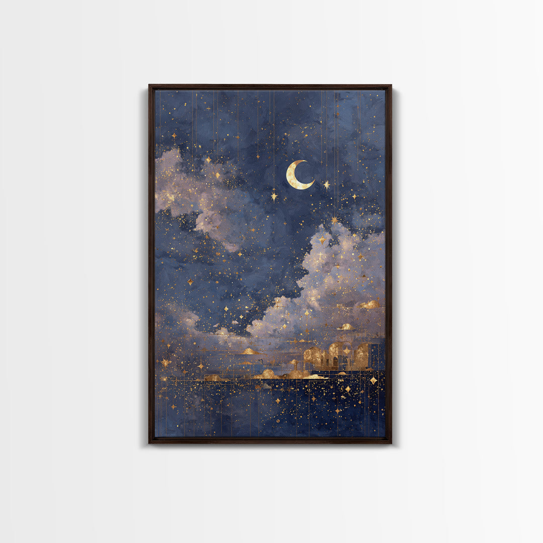 Subtle Celestial Scene Framed Canvas Print, Above Bed Art, Bedroom Decor, Oil Painting, Serenity, Textured Wall Art, ABA-2x3-21