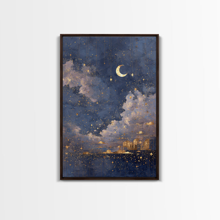 Subtle Celestial Scene Framed Canvas Print, Above Bed Art, Bedroom Decor, Oil Painting, Serenity, Textured Wall Art, ABA-2x3-21